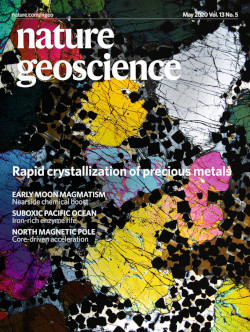 'Rapid crystallization of precious-metal-mineralized layers in mafic magmatic systems' on the cover of Nature Geoscience, May 2020