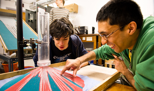 Two students with model of volcano