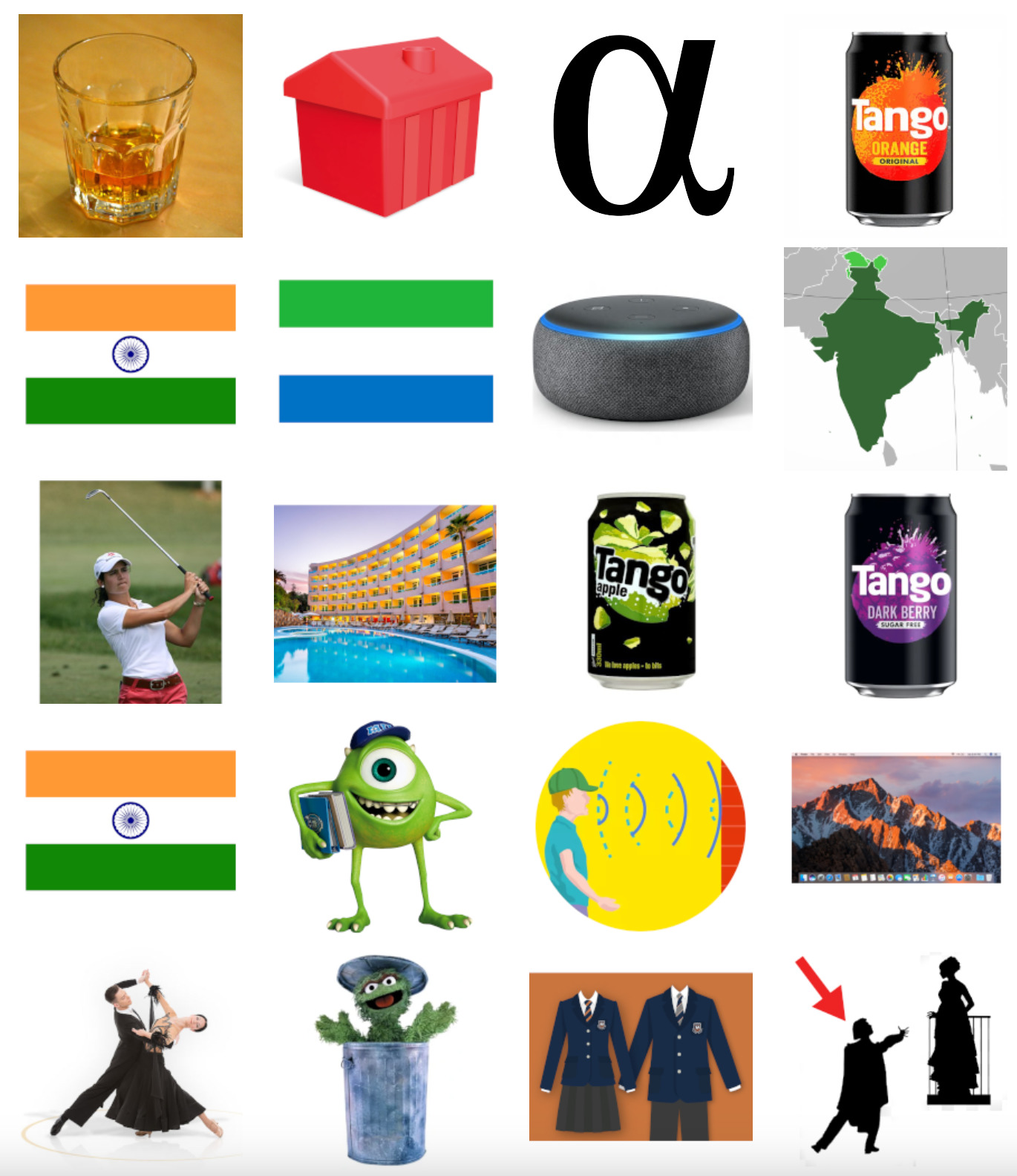 20 pictures, arranged in a grid with 4 rows and 5 columns. The pictures are: A tumbler containing a small measure of an alcoholic beverage; A piece of red plastic from a board game, shaped like a large building; The greek letter alpha; A can of orange Tango; The Indian flag; The flag of Sierra Leone; An Amazon Echo Dot; A map of the India; A woman playing golf; A large building next to a swimming pool and a palm tree; A can of apple Tango; A can of dark berry Tango; The Indian flag; A picture of Mike Wazowski from Monsters Inc wearing a baseball cap and holding a book; A diagram of a boy shouting at a wall and the sound waves being reflected; The desktop of macOS Sierra; Two people ballroom dancing; Oscar the Grouch from Sesame Street in a garbage can; Two school uniforms on an orange background; A silhouette of two figures: a woman is standing on a balcony with a man standing beneath; an arrow is pointing at the man.