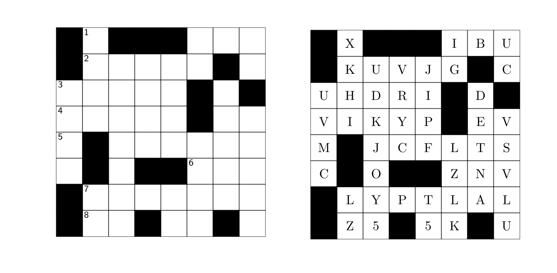 Two 8x8 grids of black and white squares (crossword puzzles) are printed next to each other. One of the grids contains numbers, the other contains letters. The black squares are represented by *s, white squares by -s in the grids below: * 1 * * * - - -   * X * * * I B U ; * 2 - - - - * -   * K U V J G * C ; 3 - - - - * - *   U H D R I * D * ; 4 - - - - * - -   V I K Y P * E V ; 5 * - - - - - -   M * J C F L T S ; - * - * * 6 - -   C * O * * Z N V ; * - - - - - - -   * L Y P T L A L ; * - - * - - * -   * Z 5 * 5 K * U